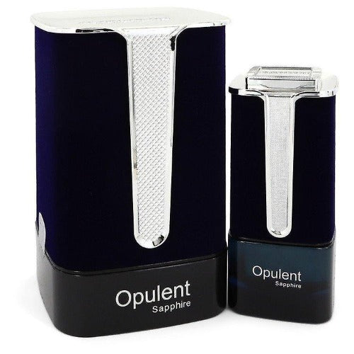 Al Haramain Opulent Sapphire eau de parfum bottle in dark blue with white mesh band, shown with matching smaller atomizer.