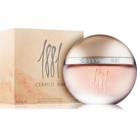 1881 Eau De Toilette bottle with beige box packaging, spherical frosted glass design with rose liquid inside.