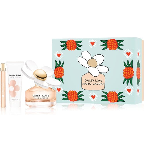 Marc Jacobs Daisy Love 3 Piece Gift Set 3.4 oz EDT 2.5 oz body lotion and 0.33 oz mini with packaging box front view