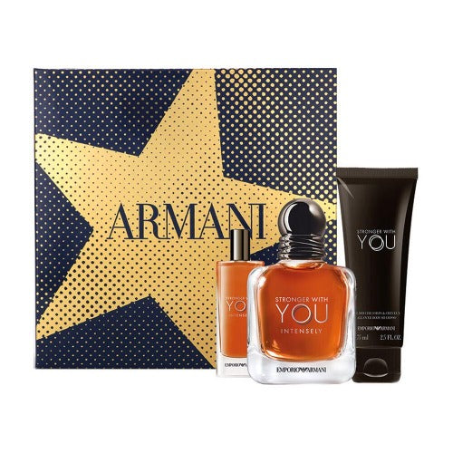 Emporio Armani Stronger With You Intensely 3 piece fragrance gift set with bottle, travel spray and shower gel with packaging box front view