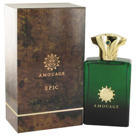 Amouage Epic Eau De Parfum bottle in green with gold cap next to brown leather box packaging