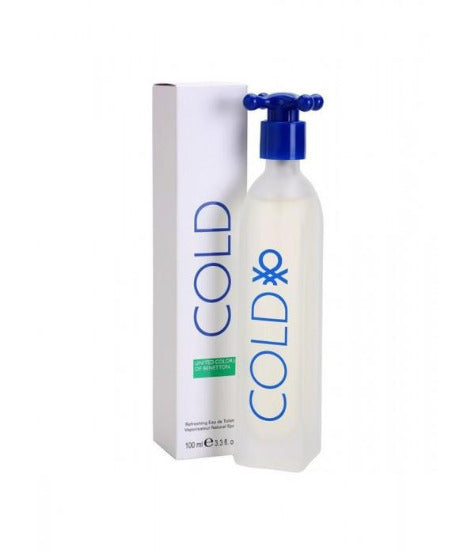 Benetton Cold fragrance bottle with blue pump dispenser next to white box packaging