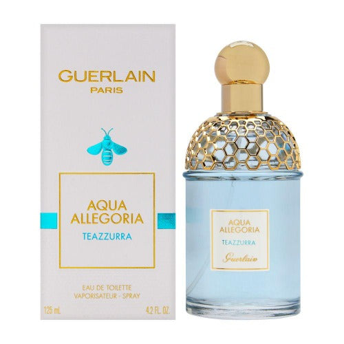 Guerlain Aqua Allegoria Teazzurra eau de toilette bottle with gold cap and box packaging.