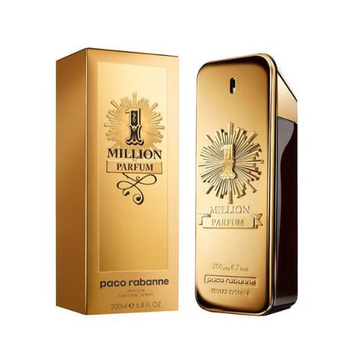 Paco Rabanne 1 Million Parfum gold bar shaped bottle with embossed sunburst design and packaging box front view