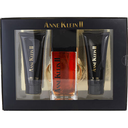 Anne Klein II 3-piece gift set with perfume bottle, body lotion and shower gel in black packaging.