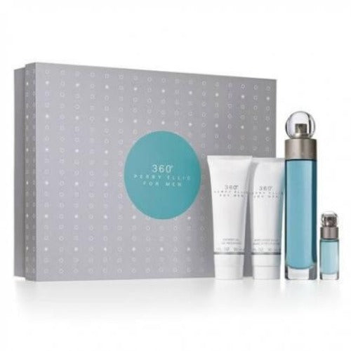 360 Men 4-piece gift set with fragrance bottle, cologne spray, and two tubes in gray box