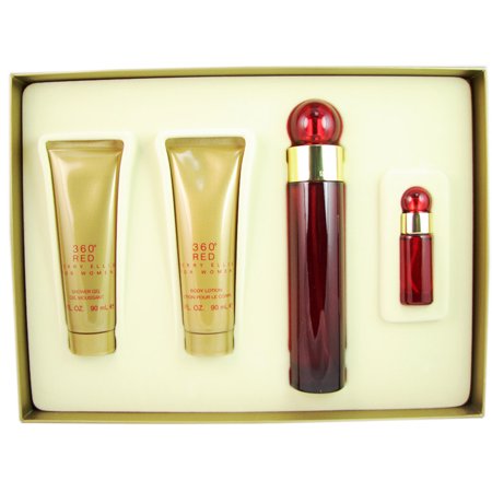 360 Red 4-piece fragrance gift set with two gold tubes, large red bottle, and small atomizer