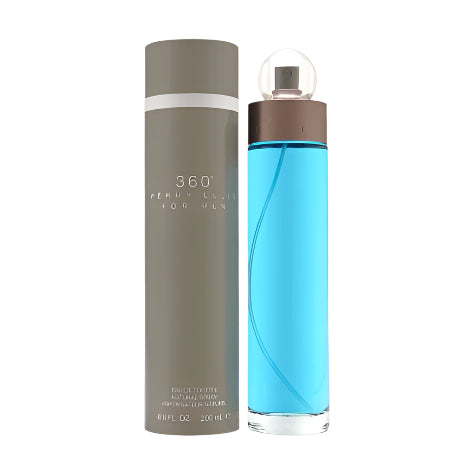 360 fragrance bottle in bright blue liquid with gray cylindrical box and spray atomizer
