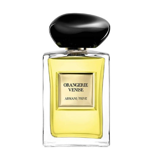 Armani Prive Orangerie Venise eau de toilette bottle with yellow liquid and black cap