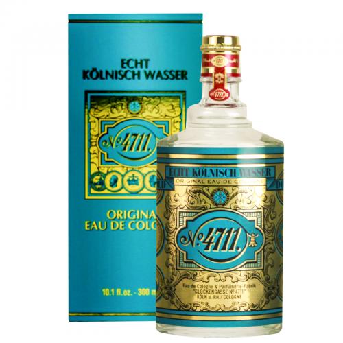4711 Cologne bottle with turquoise box featuring gold ornamental design and label.
