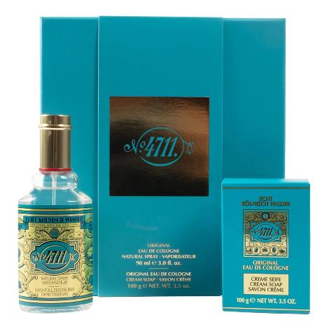 4711 two piece gift set with turquoise box, cologne spray bottle, and cream soap bar.