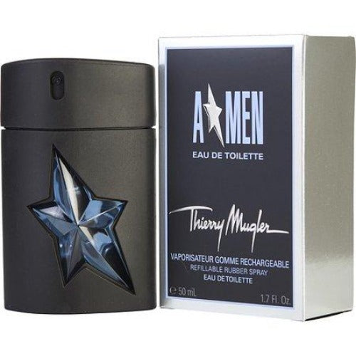 Angel by Thierry Mugler eau de toilette spray bottle and packaging box in black and blue.