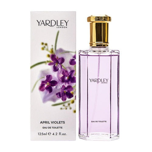 Yardley April Violets perfume bottle with purple liquid next to white box featuring violet flowers.
