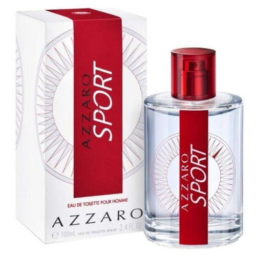 Azzaro Sport bottle with red cap and box packaging displayed together.