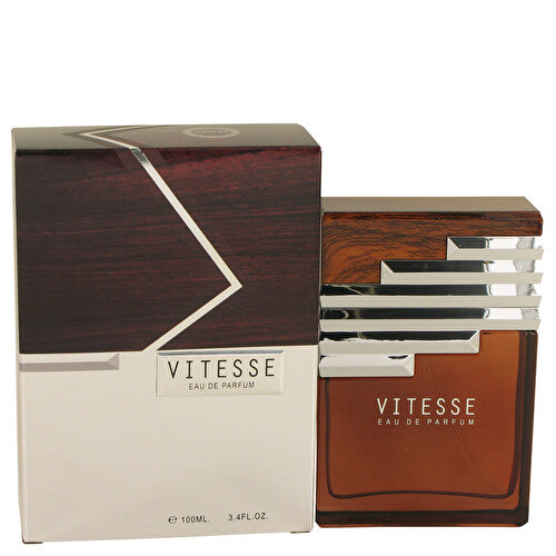 Armaf Vitesse eau de parfum box and bottle in dark wood with cream and amber accents