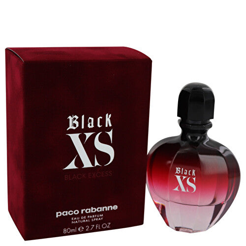 Black XS eau de parfum bottle with burgundy box by Paco Rabanne, 80ml.