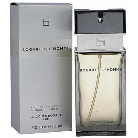 Bogart Pour Homme cologne box and 100ml bottle with black cap and clear glass container