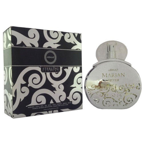 Armaf Marjan Silver perfume bottle with decorative black and white patterned box packaging.