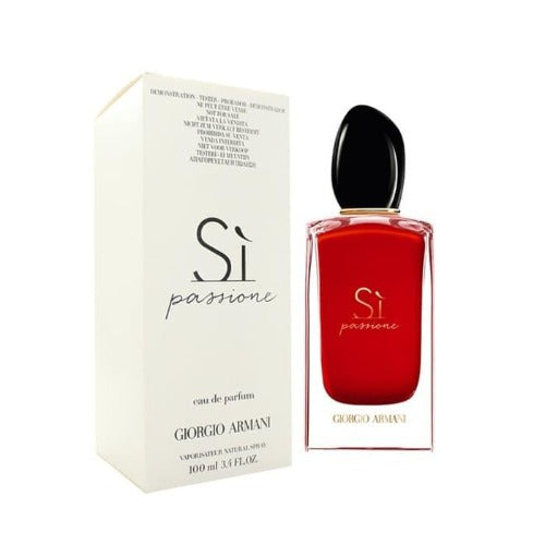 Armani Si Passione red eau de parfum bottle with black cap next to cream-colored box