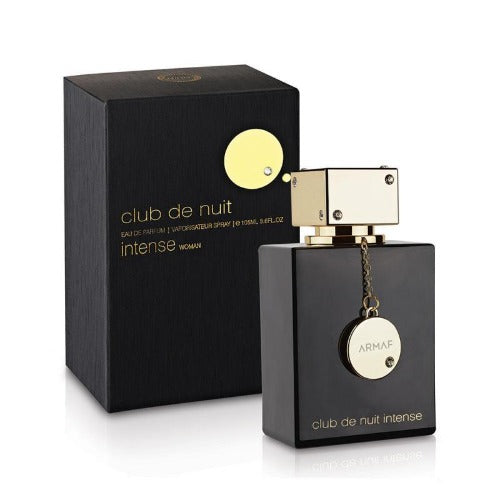Armaf Club De Nuit Intense black parfum bottle with gold cap and circular charm next to black box packaging