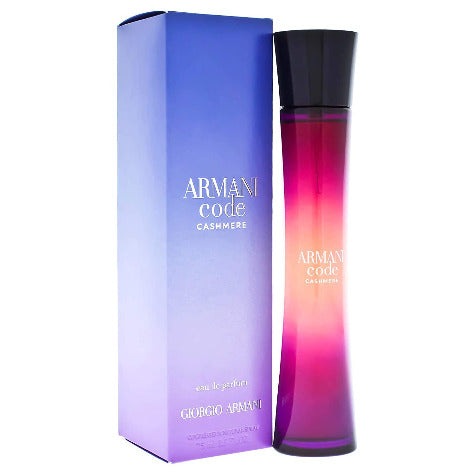 Armani Code Cashmere fragrance bottle with gradient pink packaging and black cap next to box.