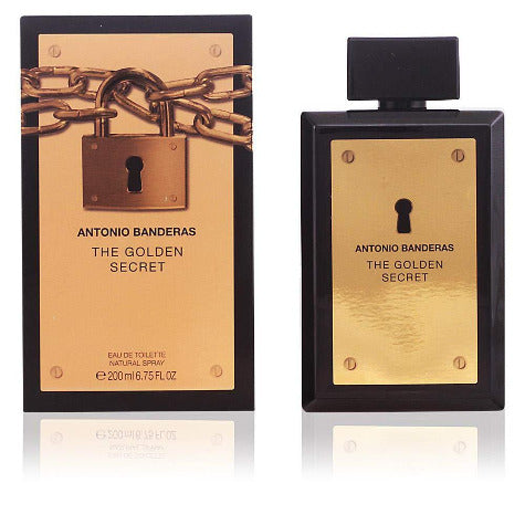 Antonio Banderas The Golden Secret eau de toilette bottle and box with gold and black design