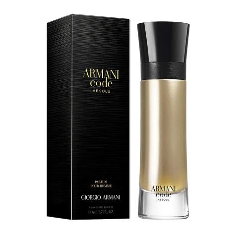 Armani Code Absolu parfum bottle with black cap next to black box packaging