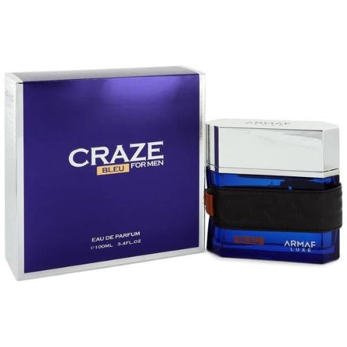 Armaf Craze Bleu eau de parfum box with four fragrance bottles in blue, black, and clear glass containers