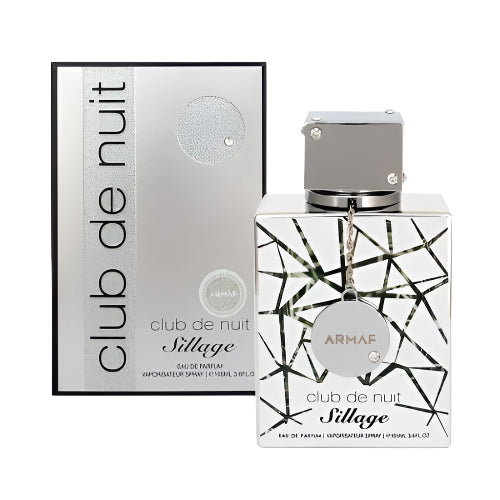 Armaf Club De Nuit Sillage fragrance bottle with gray cap next to white box with black text