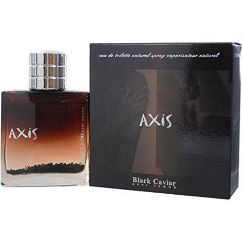 Axis Black Caviar cologne bottle with gradient brown glass next to black packaging box