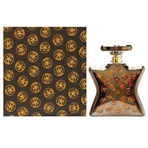 Bond No. 9 New York Oud perfume bottle with patterned box featuring gold circular logo design