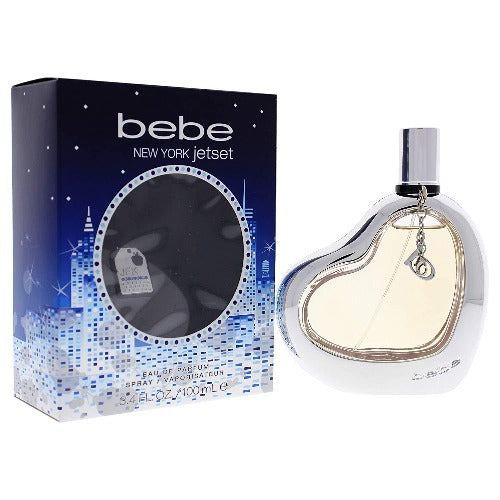 Bebe New York Jetset Eau De Parfum bottle and navy box with illuminated cityscape design