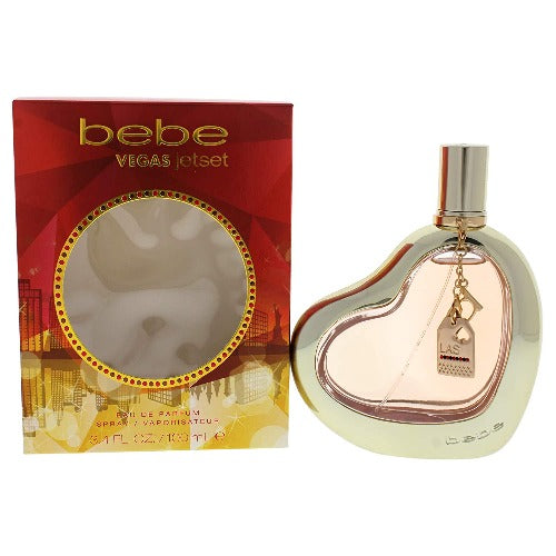 Bebe Vegas Jetset fragrance bottle with red and gold packaging box displayed side by side