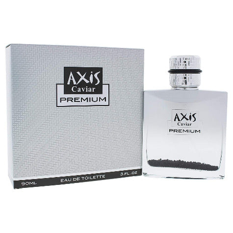 Axis Caviar Premium eau de toilette bottle next to gray box packaging, 90ml size.