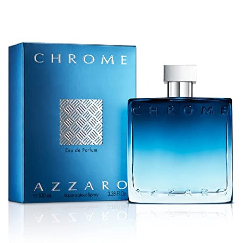 Azzaro Chrome Eau De Parfum box and bottle with gradient blue design