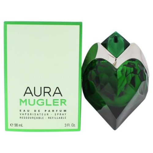 Aura Mugler green heart-shaped fragrance bottle with pale green box packaging.