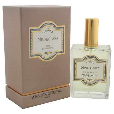 Annick Goutal Ninfeo Mio eau de toilette bottle with taupe box packaging and gold accents