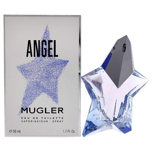Angel Standing Star Eau De Toilette fragrance bottle with gray cap and packaging box with blue glitter star design.