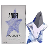 Angel Standing Star Eau De Toilette fragrance bottle with gray cap and packaging box with blue glitter star design.