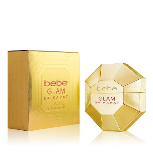 Bebe Glam 24 Karat Eau De Parfum bottle with gold geometric packaging and matching box