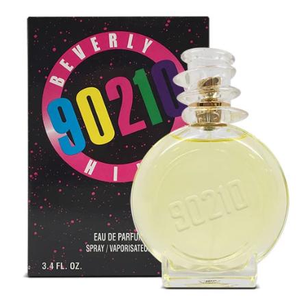 Beverly Hills 90210 Eau De Parfum bottle with colorful circular box packaging against dark background.
