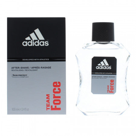 Adidas Team Force aftershave bottle and box with black cap and clear glass container