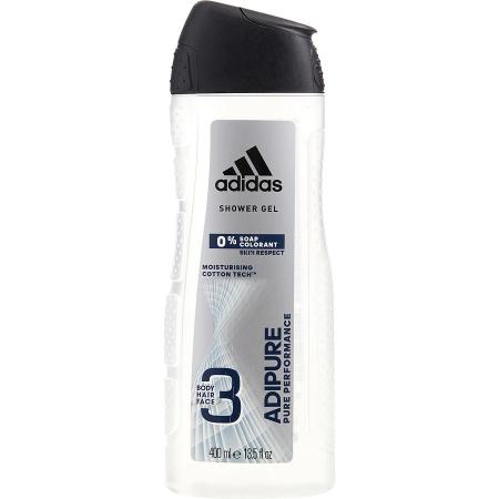 Adidas Adipure 3-In-1 white shower gel bottle with black cap, 400ml size