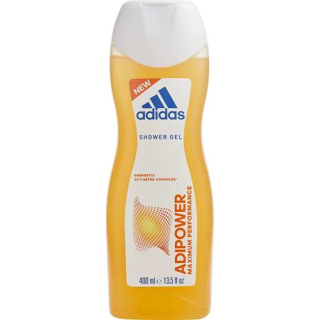 Adidas Adipower yellow shower gel bottle, 400ml, with white cap and product label.