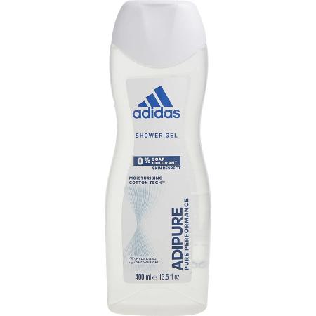 Adidas Adipure white shower gel bottle, 400ml, with blue logo and text on label