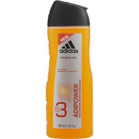 Adidas Adipower 3-In-1 Shower Gel bottle with orange label and black cap, 400ml size