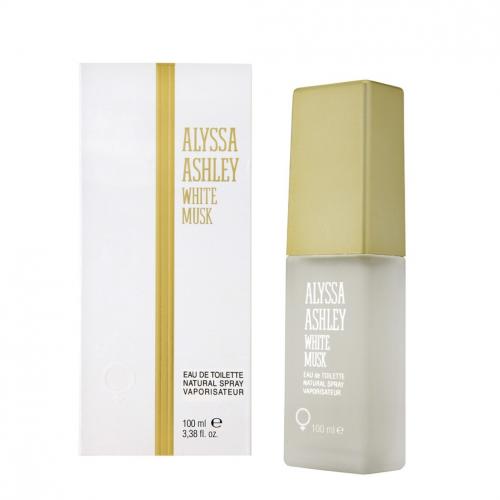 Alyssa Ashley White Musk eau de toilette bottle with gold cap and white box packaging