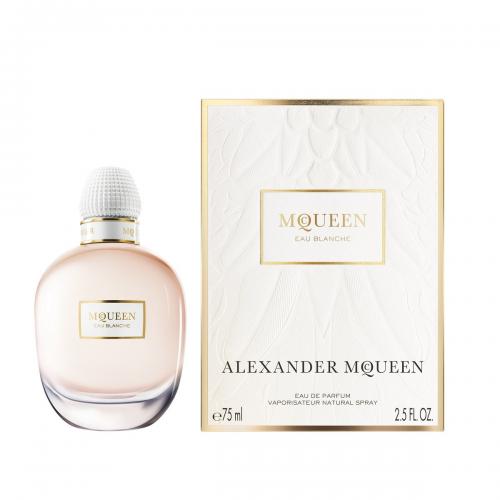 Alexander McQueen Eau Blanche perfume bottle with box, 75ml spray bottle with white textured packaging.