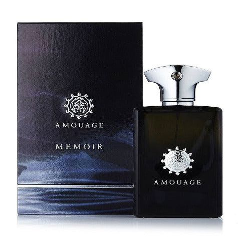 Amouage Memoir fragrance bottle with black box packaging and silver atomizer cap
