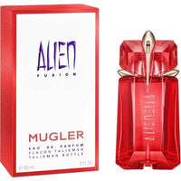 Alien Fusion eau de parfum bottle in red with matching box packaging.